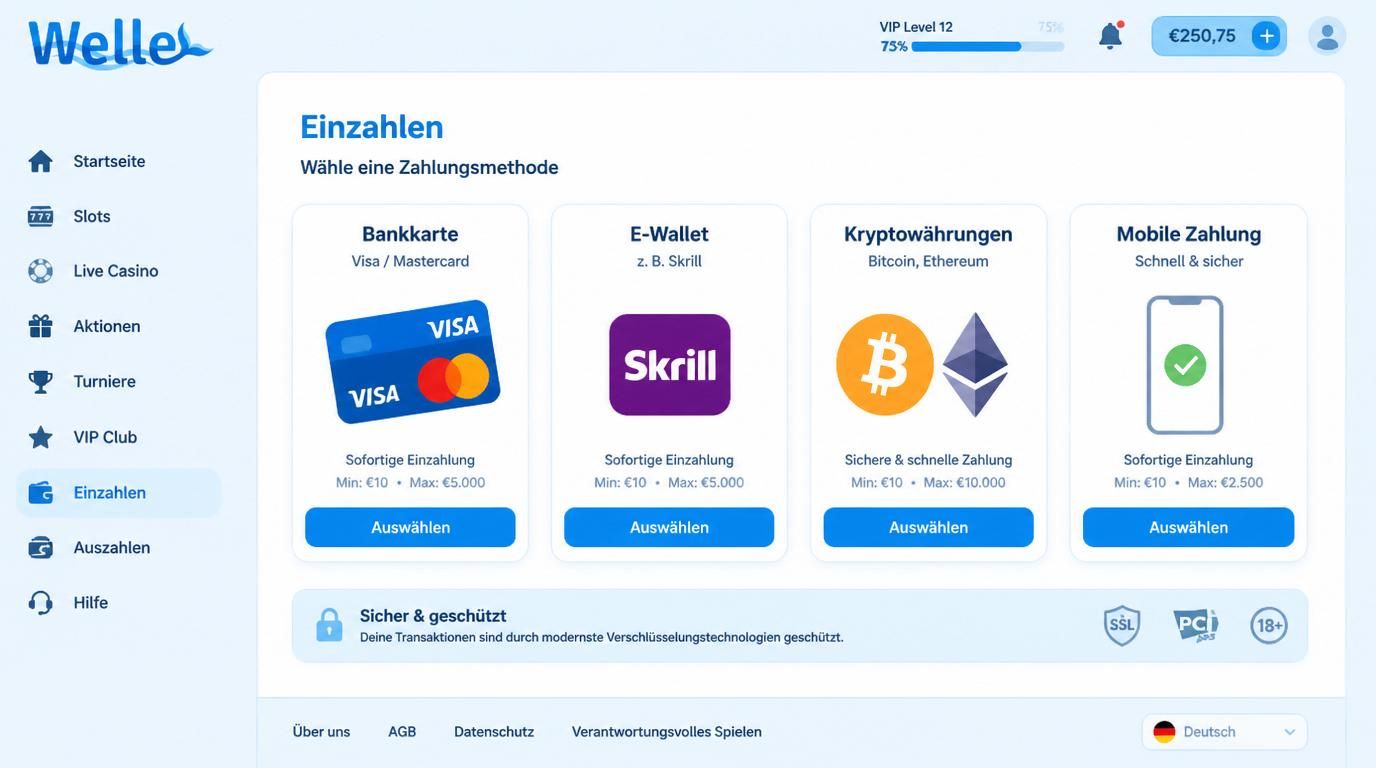 Ein Interface, das vier Zahlungsmethoden zeigt, inklusive Karten, Wallets, Kryptowährungen und Mobilgeräte
