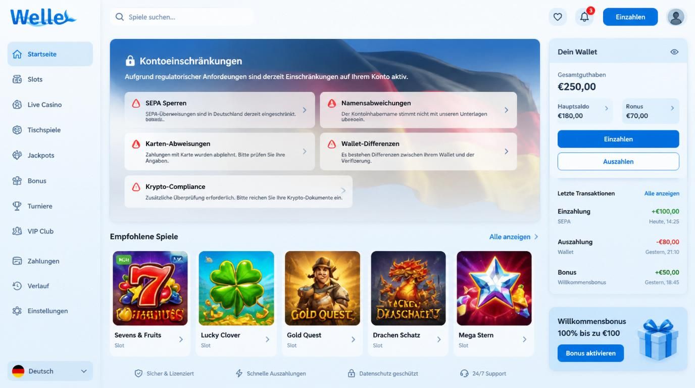 Zeigt typische Beschränkungen bei Einzahlungen aus Deutschland, etwa SEPA, Karten, Wallets, Krypto-Prüfungen