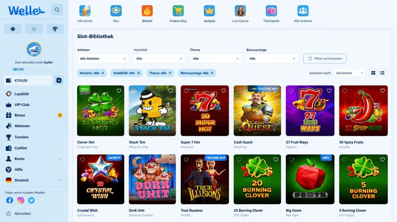 Slotfilter, Bonus-Anzeige und Theme-Auswahl