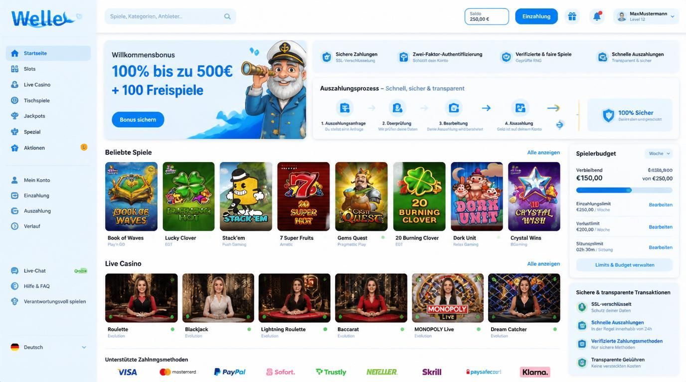 Ein Screenshot-ähnliches Layout mit Zahlungsweg, Treueprogramm und Sicherheitsfeatures sichtbar
